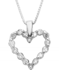 Round-cut diamonds (1/2 ct. t.w.) lend the classic heart shape sparkling whimsy. Set in 14k white gold. Chain measures 18 inches. Round-cut diamonds (1/2 ct. t.w.) lend the classic heart shape sparkling whimsy. Set in 14k white gold. Chain measures 18 inches.