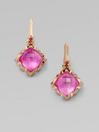 From the Superstud Collection. A faceted dome of pretty pink sapphire quartz is layered over mother-of-pearl, creating richness and depth in these dazzling earrings that sit in a spiky zigzag setting and hang from a sword-shaped drop.Pink sapphire quartz and white mother-of-pearlRose goldplated sterling silverLength, about 114k gold post backImported