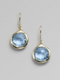 From the Lollipop Collection. Exquisitely faceted blue topaz drops, framed in gleaming 18k yellow gold. Blue topaz 18k yellow gold Drop, about 1 Diameter, about ½ Ear wire Imported From the Lollipop Collection. Exquisitely faceted blue topaz drops, framed in gleaming 18k yellow gold. Blue topaz 18k yellow gold Drop, about 1 Diameter, about ½ Ear wire Imported