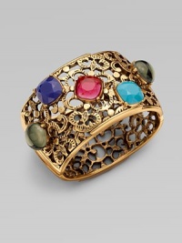 This colorful piece features resin cabochons and rhinestone details set on a delicate filigree design. Resin stonesGlass stonesBrass and pewterDiameter, about 2½Hinged magnetic closureMade in USA This colorful piece features resin cabochons and rhinestone details set on a delicate filigree design. Resin stonesGlass stonesBrass and pewterDiameter, about 2½Hinged magnetic closureMade in USA