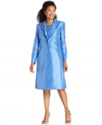 This stunning look from Le Suit is made sophisticated with a knee-length coat and an elevated by a rich shantung texture. Shed the coat and wear the sheath dress solo with a strappy heel for celebrating on the dance floor. This stunning look from Le Suit is made sophisticated with a knee-length coat and an elevated by a rich shantung texture. Shed the coat and wear the sheath dress solo with a strappy heel for celebrating on the dance floor.