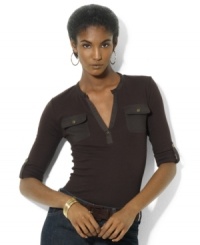 Rolled sleeves with authentic Lauren-embossed button tabs and patch pockets at the chest add sporty finesse to Lauren Ralph Lauren's super-soft cotton top. Rolled sleeves with authentic Lauren-embossed button tabs and patch pockets at the chest add sporty finesse to Lauren Ralph Lauren's super-soft cotton top.