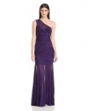 HALSTON HERITAGE Women's One Shoulder Ruched Gown with Sheer Neck and Skirt, Purple, Medium