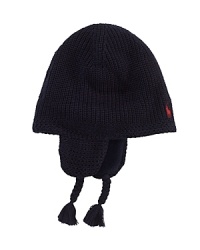 A sweet earflap hat is rendered in warm cotton with an embroidered pony at the front. A sweet earflap hat is rendered in warm cotton with an embroidered pony at the front.