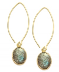 Make a dramatic statement with Studio Silver's drop earrings. The pair, set in 18k gold over sterling silver, sweeps through with a lovely labradorite stone (3-3/8 ct. t.w.) at the end for a beautiful touch. Approximate drop: 2 inches.