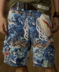 Paradise is found in these tropical-print cargo shorts -- with just the right amount of wear-and-tear, they are rugged enough for a weekend in the city and casual enough for a day at the beach. Paradise is found in these tropical-print cargo shorts -- with just the right amount of wear-and-tear, they are rugged enough for a weekend in the city and casual enough for a day at the beach.