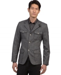 Edgy and distinctive. For the distinct and trendy man is this unique military looking fitted blazer by Kenneth Cole New York. Edgy and distinctive. For the distinct and trendy man is this unique military looking fitted blazer by Kenneth Cole New York.