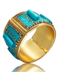 The perfect color palette for summer. Style&co.'s cool turquoise cuff bracelet is made of glass beads and gold tone mixed metal with a hinge clasp. Approximate diameter: 2-1/2 inches. The perfect color palette for summer. Style&co.'s cool turquoise cuff bracelet is made of glass beads and gold tone mixed metal with a hinge clasp. Approximate diameter: 2-1/2 inches.