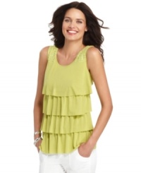 Beautiful from all angles! This petite Style&co. top has ruffled tiers at the front and a breathtaking, lace-like applique at the back. Perfect with slim white jeans for a casual date night or dinner with girlfriends! Beautiful from all angles! This petite Style&co. top has ruffled tiers at the front and a breathtaking, lace-like applique at the back. Perfect with slim white jeans for a casual date night or dinner with girlfriends!