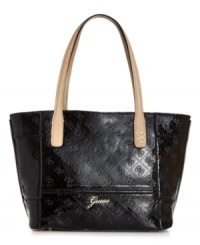 A pretty patent look that brings the shine. This perfectly portable tote features polished gold-tone hardware, an embossed exterior and sleek contrast trim. A pretty patent look that brings the shine. This perfectly portable tote features polished gold-tone hardware, an embossed exterior and sleek contrast trim.