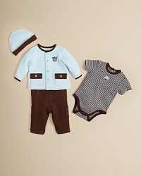 Dress your little one in this darling quilted set-including a jacket, bodysuit, pant and hat-in blue and brown. Dress your little one in this darling quilted set-including a jacket, bodysuit, pant and hat-in blue and brown.