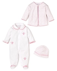 Ruffles adorn the collar, cuffs and feet of the bodysuit, and scalloped trim adds a pretty finish to the cardigan and cap in this 3-piece set from Kissy Kissy. Ruffles adorn the collar, cuffs and feet of the bodysuit, and scalloped trim adds a pretty finish to the cardigan and cap in this 3-piece set from Kissy Kissy.