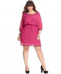 Looking cute is a cinch with Trixx's three-quarter-sleeve plus size dress, accentuated by a blouson waist. Looking cute is a cinch with Trixx's three-quarter-sleeve plus size dress, accentuated by a blouson waist.