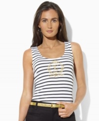 Lauren by Ralph Lauren's classic striped cotton tee is embellished with a gold-tone crest at the front for regal style. Lauren by Ralph Lauren's classic striped cotton tee is embellished with a gold-tone crest at the front for regal style.