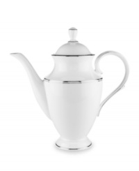 A Lenox classic, the Federal Platinum coffee pot adds a luxurious note to your table in exquisite white bone china with platinum trim. Coordinating Debut Platinum crystal stemware adds the finishing flourish. A Lenox classic, the Federal Platinum coffee pot adds a luxurious note to your table in exquisite white bone china with platinum trim. Coordinating Debut Platinum crystal stemware adds the finishing flourish.