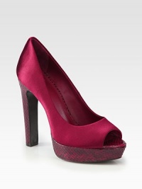 Snake-print leather adds textural appeal to the heel and platform of this peep toe silhouette in luxe satin. Snake-print leather heel, 5 (125mm)Snake-print leather platform, 1 (25mm)Compares to a 4 heel (100mm)Satin upperPeep toeLeather lining and solePadded insoleImported Snake-print leather adds textural appeal to the heel and platform of this peep toe silhouette in luxe satin. Snake-print leather heel, 5 (125mm)Snake-print leather platform, 1 (25mm)Compares to a 4 heel (100mm)Satin upperPeep toeLeather lining and solePadded insoleImported