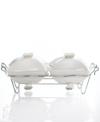 Serve your warm delicacies with grand style in this porcelain double warmer with chrome serving rack. Set includes serving rack and two 1 quart covered bakers. Serve your warm delicacies with grand style in this porcelain double warmer with chrome serving rack. Set includes serving rack and two 1 quart covered bakers.