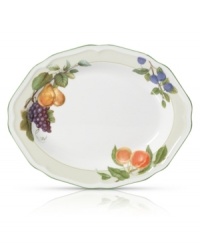 The perfect pick! An antique print and evergreen edge add classic character to this traditional oval platter from Mikasa. The colors of an orchard at the peak of season create a fresh and natural perspective in durable porcelain. The perfect pick! An antique print and evergreen edge add classic character to this traditional oval platter from Mikasa. The colors of an orchard at the peak of season create a fresh and natural perspective in durable porcelain.