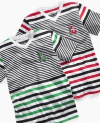 He can letter in varsity style with this striped v-neck t-shirt from LRG, a fresh twist on a throwback to vintage looks. He can letter in varsity style with this striped v-neck t-shirt from LRG, a fresh twist on a throwback to vintage looks.