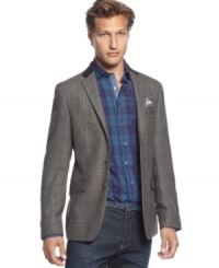 A corduroy collar adds some texture to this modern upgrade of the classic blazer from Tallia Orange. A corduroy collar adds some texture to this modern upgrade of the classic blazer from Tallia Orange.