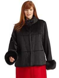 THE LOOKA silky, smooth blend of angora and woolFluffy fox fur cuffsWide stand collar with hidden snap closeHidden snap close frontHorizontal seamingFront zip pocketsLong sleeves with fox cuffsTHE FITAbout 28 from shoulder to hemTHE MATERIAL80% alpaca/20% woolDyed foxFully linedCARE & ORIGINDry cleanMade in ItalyFur origin: Finland THE LOOKA silky, smooth blend of angora and woolFluffy fox fur cuffsWide stand collar with hidden snap closeHidden snap close frontHorizontal seamingFront zip pocketsLong sleeves with fox cuffsTHE FITAbout 28 from shoulder to hemTHE MATERIAL80% alpaca/20% woolDyed foxFully linedCARE & ORIGINDry cleanMade in ItalyFur origin: Finland