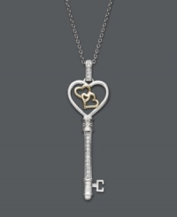 The key to any girl's heart comes in the form of something sparkling. This Treasured Hearts design features a trendy, heart-shaped key pendant dusted with sparkling, round-cut diamonds (1/10 ct. t.w.). Crafted in 14k gold and sterling silver. Approximate length: 18 inches. Approximate drop: 1 inch. The key to any girl's heart comes in the form of something sparkling. This Treasured Hearts design features a trendy, heart-shaped key pendant dusted with sparkling, round-cut diamonds (1/10 ct. t.w.). Crafted in 14k gold and sterling silver. Approximate length: 18 inches. Approximate drop: 1 inch.