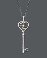 The key to any girl's heart comes in the form of something sparkling. This Treasured Hearts design features a trendy, heart-shaped key pendant dusted with sparkling, round-cut diamonds (1/10 ct. t.w.). Crafted in 14k gold and sterling silver. Approximate length: 18 inches. Approximate drop: 1 inch.