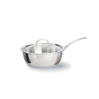 This Tri-Ply Calphalon chef's pan features an updated lid design to give lower profile and a cool V stainless steel handle. Classic vessel design, induction capable magnetic stainless steel exterior. This Tri-Ply Calphalon chef's pan features an updated lid design to give lower profile and a cool V stainless steel handle. Classic vessel design, induction capable magnetic stainless steel exterior.