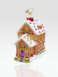 A scrumptious little house shines in handcrafted glittered glass adorned with a whimsical candy-cane pattern.Mouthblown, handpainted glass 5¼ high Made in Poland A scrumptious little house shines in handcrafted glittered glass adorned with a whimsical candy-cane pattern.Mouthblown, handpainted glass 5¼ high Made in Poland