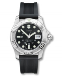Go the distance in this Dive Master 500M watch from Victorinox Swiss Army. Black rubber strap and stainless steel case. Unidirectional rotating bezel. Black dial with logo at 12 o'clock, date window at 3 o'clock and luminous indexes and indicators. Three hands. Anti-reflecting sapphire crystal. Screw-down crown and low battery indicator. Swiss made. Analog quartz movement. Water resistant to 500 meters. Three-year limited warranty. Go the distance in this Dive Master 500M watch from Victorinox Swiss Army. Black rubber strap and stainless steel case. Unidirectional rotating bezel. Black dial with logo at 12 o'clock, date window at 3 o'clock and luminous indexes and indicators. Three hands. Anti-reflecting sapphire crystal. Screw-down crown and low battery indicator. Swiss made. Analog quartz movement. Water resistant to 500 meters. Three-year limited warranty.