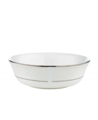 A sweet lace pattern combines with platinum borders to add graceful elegance to your tabletop. The classic shape and pristine white shade make this all purpose bowl a timeless addition to any meal. From Lenox's dinnerware and dishes collection. A sweet lace pattern combines with platinum borders to add graceful elegance to your tabletop. The classic shape and pristine white shade make this all purpose bowl a timeless addition to any meal. From Lenox's dinnerware and dishes collection.