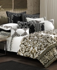 Take a journey with this Silk Road comforter set from N Natori, offering a beautiful flower print that is reminiscent of the ancient East. The dramatic black, white and gold palette gives this set a modern twist. Take a journey with this Silk Road comforter set from N Natori, offering a beautiful flower print that is reminiscent of the ancient East. The dramatic black, white and gold palette gives this set a modern twist.