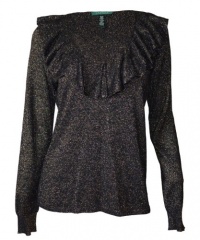 Ralph Lauren Women's Metallic Black Gold Ruffle V-neck Top Sweater Ralph Lauren Women's Metallic Black Gold Ruffle V-neck Top Sweater