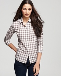 Reveal your inner tomboy with this classically-checked James Perse shirt--a timeless fall look made for denim days and weekends. Reveal your inner tomboy with this classically-checked James Perse shirt--a timeless fall look made for denim days and weekends.