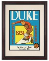 A great start to a duel that ended in a draw, this restored cover art from the 1931 Duke-UNC football program makes winning wall art for fans of either team. Matted, framed and ready to hang. A great start to a duel that ended in a draw, this restored cover art from the 1931 Duke-UNC football program makes winning wall art for fans of either team. Matted, framed and ready to hang.