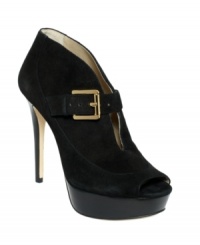 The sexy texture of MICHAEL Michael Kors' Eboni booties makes this style a glamourous one. A buckled strap crosses the open vamp for a Mary Jane-inspired look. The sexy texture of MICHAEL Michael Kors' Eboni booties makes this style a glamourous one. A buckled strap crosses the open vamp for a Mary Jane-inspired look.