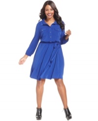 An instant wear-to-work classic: NY Collection's three-quarter-sleeve plus size shirtdress, cinched by a belted waist! An instant wear-to-work classic: NY Collection's three-quarter-sleeve plus size shirtdress, cinched by a belted waist!