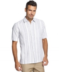 A laid-back style. Relax in this striped linen-blend shirt from Tasso Elba knowing your look is staying fresh. A laid-back style. Relax in this striped linen-blend shirt from Tasso Elba knowing your look is staying fresh.