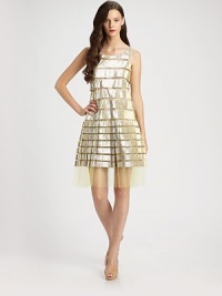 Dazzling metallic stripes band the bodice and skirt of this airy tulle design.Jewel necklineSleevelessDrop waistPleated skirtAbout 25 from natural waist63% silk/37% polyesterDry cleanMade in USA of imported fabricModel shown is 5'9½ (176cm) wearing US size 4. Dazzling metallic stripes band the bodice and skirt of this airy tulle design.Jewel necklineSleevelessDrop waistPleated skirtAbout 25 from natural waist63% silk/37% polyesterDry cleanMade in USA of imported fabricModel shown is 5'9½ (176cm) wearing US size 4.