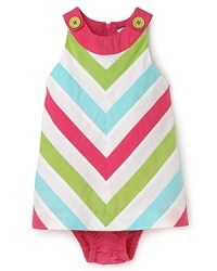 Wide chevron stripes imbue the sleeveless shirt with a thoroughly mod look that brings pops of color and comfortable tailoring to your little gal's wardrobe. Wide chevron stripes imbue the sleeveless shirt with a thoroughly mod look that brings pops of color and comfortable tailoring to your little gal's wardrobe.