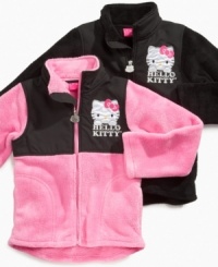 A style she loves with her favorite cartoon kitty, this Hello Kitty fleece jacket will keep her warm in cold weather. A style she loves with her favorite cartoon kitty, this Hello Kitty fleece jacket will keep her warm in cold weather.