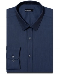 With a stretch fabric and a sleek slim fit, this Bar III dress shirt makes every move count. With a stretch fabric and a sleek slim fit, this Bar III dress shirt makes every move count.