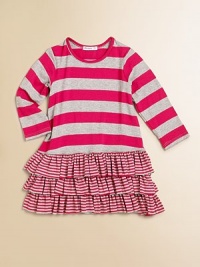 This pretty rayon dress features a mix of wide and mini stripes and a charming ruffle skirt.CrewneckLong sleevesThree-tiered ruffle hem96% rayon/4% spandexMachine washImported This pretty rayon dress features a mix of wide and mini stripes and a charming ruffle skirt.CrewneckLong sleevesThree-tiered ruffle hem96% rayon/4% spandexMachine washImported