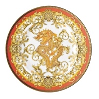 The most legendary figure of Asian mythology, the red dragon rises majestically from this fabulously opulent dinnerware from Rosenthal Meets Versace, conveying all its might and glory. Each piece features ornate golden baroque patterns and four small medallions representing the sun, and the Versace medusa decorates the background. The most legendary figure of Asian mythology, the red dragon rises majestically from this fabulously opulent dinnerware from Rosenthal Meets Versace, conveying all its might and glory. Each piece features ornate golden baroque patterns and four small medallions representing the sun, and the Versace medusa decorates the background.