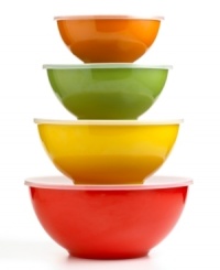 Mix, match, serve, stash. With plastic lids to help keep food fresh in the fridge, this colorful collection of melamine bowls is perfect for an endless array of kitchen tasks. Limited lifetime warranty. Mix, match, serve, stash. With plastic lids to help keep food fresh in the fridge, this colorful collection of melamine bowls is perfect for an endless array of kitchen tasks. Limited lifetime warranty.
