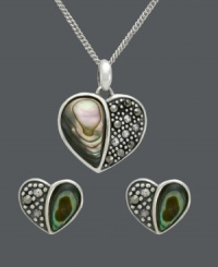 Sparkle inspired by the sea. Pair your ensemble with this matching Genevieve & Grace jewelry set. Heart-shaped pendant and stud earrings feature a half and half design with shimmery abalone shells and glittering marcasite. Set in sterling silver. Approximate necklace length: 18 inches. Approximate pendant drop: 3/4 inch. Approximate earring diameter: 5/16 inch. Sparkle inspired by the sea. Pair your ensemble with this matching Genevieve & Grace jewelry set. Heart-shaped pendant and stud earrings feature a half and half design with shimmery abalone shells and glittering marcasite. Set in sterling silver. Approximate necklace length: 18 inches. Approximate pendant drop: 3/4 inch. Approximate earring diameter: 5/16 inch.