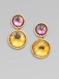 From the Jaipur Collection. A beautiful blend of faceted citrine and amethyst stones set in radiant, textured 18k gold. 18k goldCitrine and amethystDrop, about 1¼Pierce Omega clip backMade in Italy From the Jaipur Collection. A beautiful blend of faceted citrine and amethyst stones set in radiant, textured 18k gold. 18k goldCitrine and amethystDrop, about 1¼Pierce Omega clip backMade in Italy