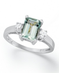 A touch of shine. This stunning ring features a rectangular-cut aquamarine (1-5/8 ct. t.w.) and sparkling diamond side stones (1/6 ct. t.w.). Crafted in 14k white gold. A touch of shine. This stunning ring features a rectangular-cut aquamarine (1-5/8 ct. t.w.) and sparkling diamond side stones (1/6 ct. t.w.). Crafted in 14k white gold.