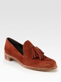 Oxford-inspired suede design with a stacked heel and playful tassels. Stacked heel, 1 (25mm)Suede upperLeather liningRubber solePadded insoleMade in SpainOUR FIT MODEL RECOMMENDS ordering true size. Oxford-inspired suede design with a stacked heel and playful tassels. Stacked heel, 1 (25mm)Suede upperLeather liningRubber solePadded insoleMade in SpainOUR FIT MODEL RECOMMENDS ordering true size.