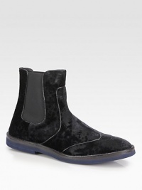 Colorblock chelsea boot rendered in velvet brocade with contrasting sole for a soft, yet detailed finish.Velvet upperLeather liningPadded insoleRubber/plastic soleImported Colorblock chelsea boot rendered in velvet brocade with contrasting sole for a soft, yet detailed finish.Velvet upperLeather liningPadded insoleRubber/plastic soleImported